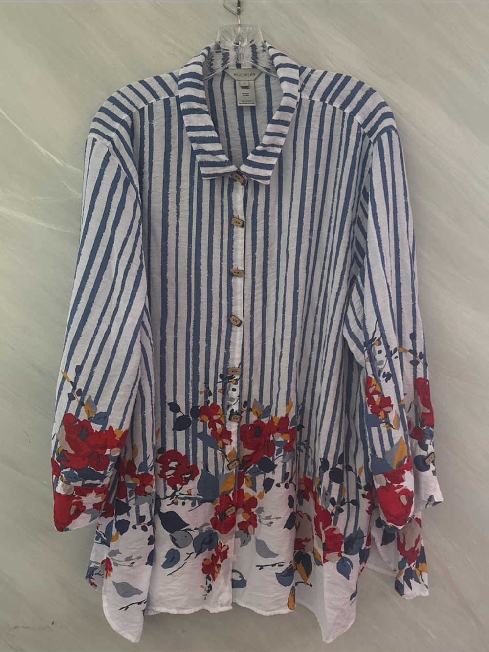 Multiples 3X White/Blue Striped Floral Button-Up Flowy Tunic Blouse Coastal